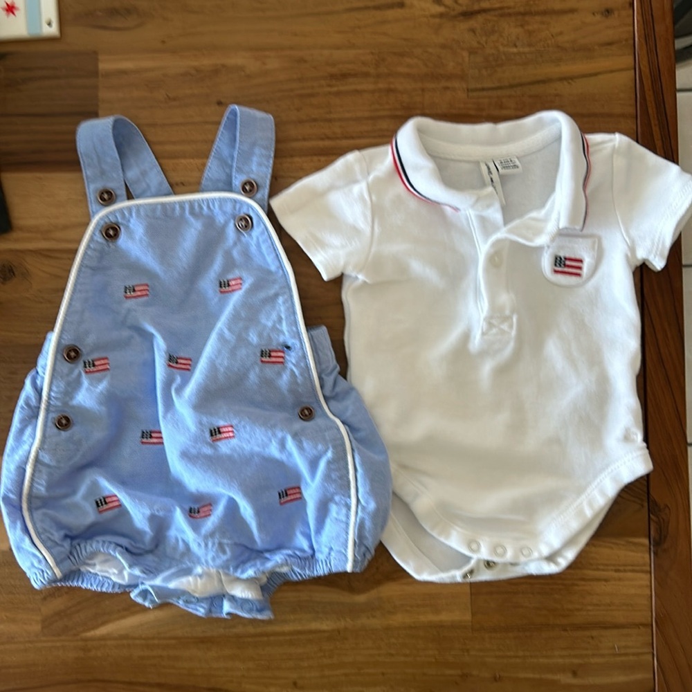 Janie and Jack Flag Polo Shirt and Embroidered Overall